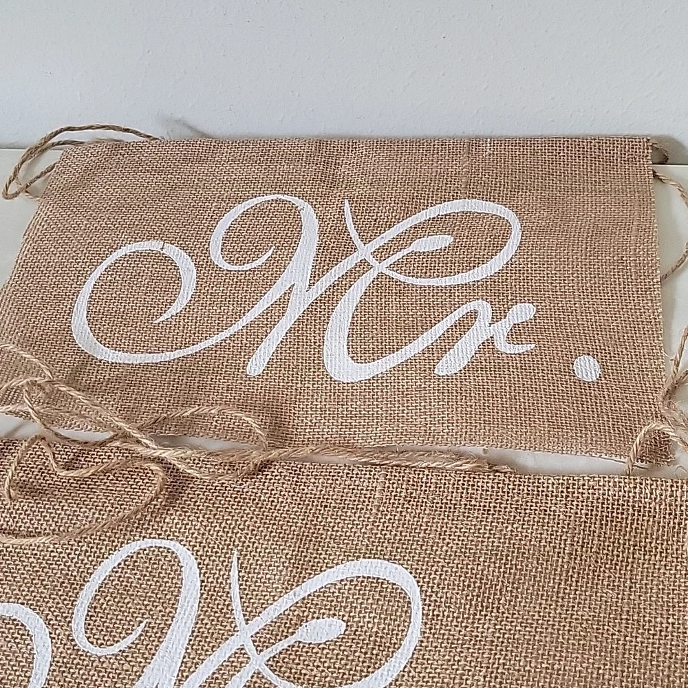 Just married & Mrs. & Mr. white on burlap flags rustic wedding decorations
